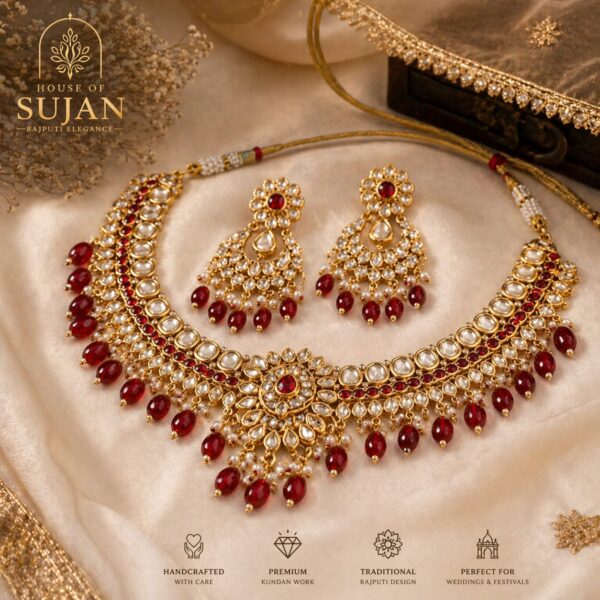 Rajputi Kundan Necklace Set with Red Beads – Bridal Jewellery | House of Sujan